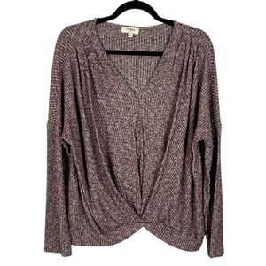Umgee Cotton Blend Oversized Twist Front Long Sleeve V Neck Sweater Small Purple